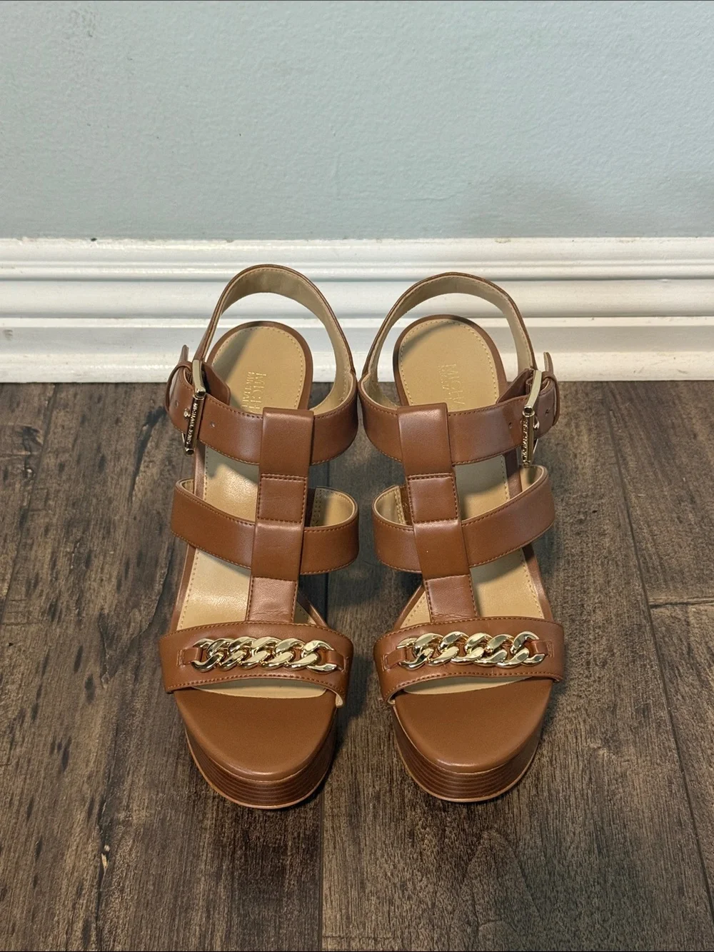 Michael Kors Brown Platform Block Heel Sandals with Gold Chain